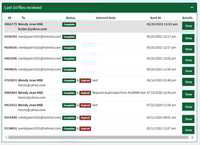 Last 10 files received (2)